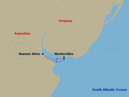 3 Night - South America Roundtrip from Montevideo - Costa Serena - Starting in Montevideo, Uruguay, Buenos Aires, Argentina, Montevideo, Uruguay itinerary map