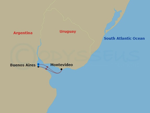 3 Night - South America Roundtrip from Buenos Aires - Costa Serena - Starting in Buenos Aires, Argentina, Montevideo, Uruguay, Buenos Aires, Argentina itinerary map