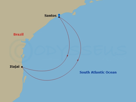 3 Night - South America Roundtrip from Santos - Costa Diadema - Starting in Santos, Brazil, Itajai (Camboriu), Santos, Brazil itinerary map