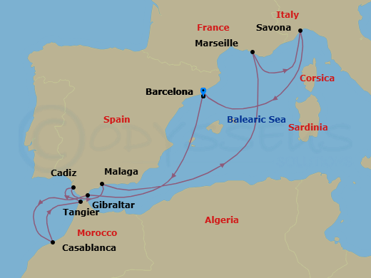 10 Night - Western Mediterranean from Barcelona - Costa Fascinosa - Starting in Barcelona, Gibraltar, Casablanca, Tangier, Cadice, Malaga, Marseille, Savona, Barcelona itinerary map