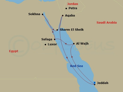 9 Night - A Journey of Ancient Arabian Wonders & Modern Marvels - EXPLORA V - Starting in Jeddah, Alula (Al Wajh), Luxor (Safaga), Sokhna, Sharm El-Sheikh, Aqaba (Petra), Jeddah itinerary map