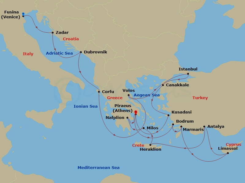 21 Night - An Extended Journey of Iconic Cities, Blue Horizons & Ancient Soul - EXPLORA II - Starting in Fusina (Venice), Zadar, Dubrovnik, Croatia, Corfu, Volos, Istanbul, Canakkale, Kusadasi, Piraeus (Athens), Bodrum, Marmaris, Limassol, Antalya, Heraklion, Crete, Milos, Nafplion, Piraeus (Athens) itinerary map
