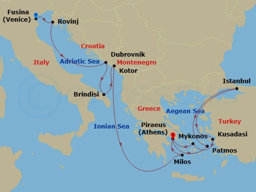 14 Night - An Extended Journey Through Adriatic Wonders, Ancient Secrets & Cultural Fusion - EXPLORA II - Starting in Fusina (Venice), Rovinj, Dubrovnik, Croatia, Brindisi, Kotor, Milos, Piraeus (Athens), Patmos, Istanbul, Kusadasi, Mykonos, Piraeus (Athens) itinerary map