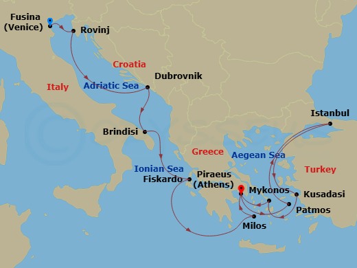 14 Night - An Extended Journey from Adriatic Heritage to Aegean Grace - EXPLORA II - Starting in Fusina (Venice), Rovinj, Dubrovnik, Croatia, Brindisi, Fiskardo (Cephalonia), Milos, Piraeus (Athens), Patmos, Istanbul, Kusadasi, Mykonos, Piraeus (Athens) itinerary map