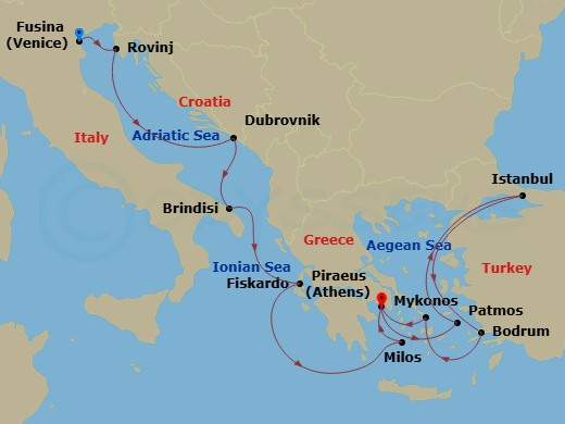 14 Night - An Extended Journey Through Golden Shores & Legendary Lands - EXPLORA II - Starting in Fusina (Venice), Rovinj, Dubrovnik, Croatia, Brindisi, Fiskardo (Cephalonia), Milos, Piraeus (Athens), Patmos, Istanbul, Bodrum, Mykonos, Piraeus (Athens) itinerary map