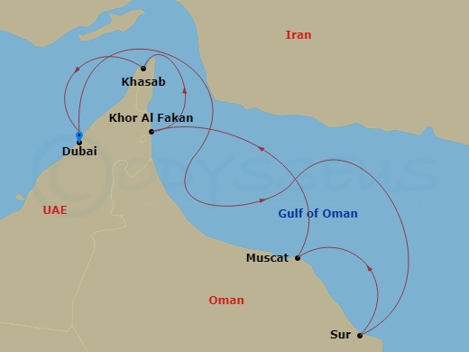 7 Night - A Journey to the Whispering Sands of Oman - EXPLORA I - Starting in Dubai, Sur, Muscat, Khor Fakkan, Khasab, Dubai itinerary map