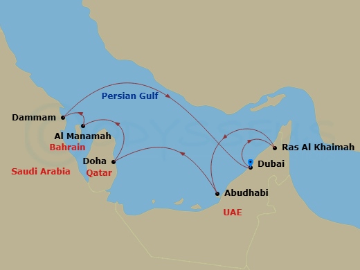 8 Night - A Journey from Wildlife Havens to World-Class Cities - EXPLORA I - Starting in Dubai, Ras Al Khaimah, Abu Dhabi, Doha, Bahrain, Ad Dammam, Dubai itinerary map