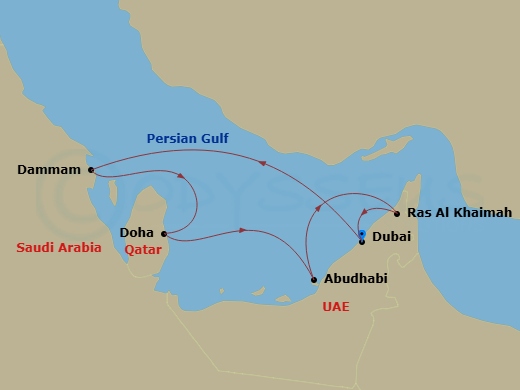 7 Night - A Journey Through Arabian Opulence & Cultural Marvels of the Gulf - EXPLORA I - Starting in Dubai, Ad Dammam, Doha, Abu Dhabi, Ras Al Khaimah, Dubai itinerary map