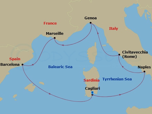 7 Night - Western Mediterranean Roundtrip from Cagliari - Costa Toscana - Starting in Cagliari, Italy, Naples, Italy, Civitavecchia / Rome, Genoa / Portofino, Marseille, France, Barcelona, Spain, Cagliari, Italy itinerary map