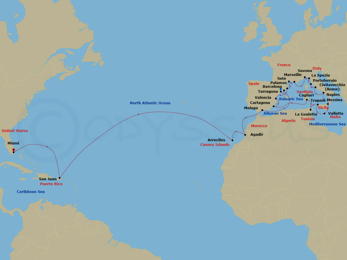 32 Night - Rivieras to the Caribbean - Oceania Allura - Starting in Barcelona (Tarragona), Palamos, Sete, Provence (Marseille), Savona, Cinque Terre (La Spezia), Portoferraio (Elba), Rome (Civitavecchia), Naples / Pompeii, Messina (Sicily), Valletta, Trapani (Sicily), Tunis (La Goulette), Cagliari (Sardinia), Cartagena ES, Valencia, Barcelona, Malaga, Agadir, Arrecife (Lanzarote), San Juan, Miami itinerary map