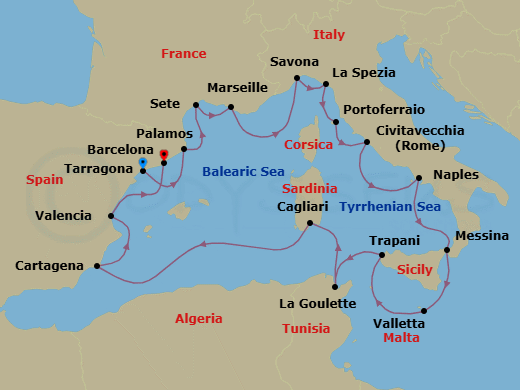 17 Night - Grand Mediterranean Jewels - Oceania Allura - Starting in Barcelona (Tarragona), Palamos, Sete, Provence (Marseille), Savona, Cinque Terre (La Spezia), Portoferraio (Elba), Rome (Civitavecchia), Naples / Pompeii, Messina (Sicily), Valletta, Trapani (Sicily), Tunis (La Goulette), Cagliari (Sardinia), Cartagena ES, Valencia, Barcelona itinerary map
