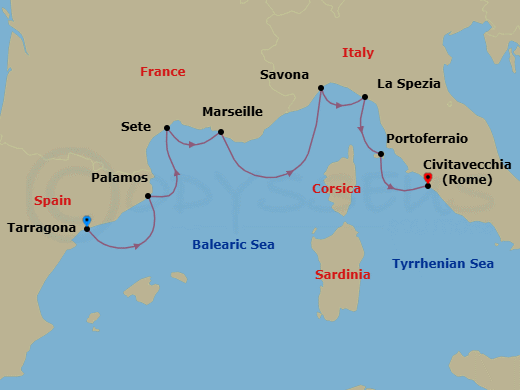 7 Night - Luminous Mediterranean - Oceania Allura - Starting in Barcelona (Tarragona), Palamos, Sete, Provence (Marseille), Savona, Cinque Terre (La Spezia), Portoferraio (Elba), Rome (Civitavecchia) itinerary map
