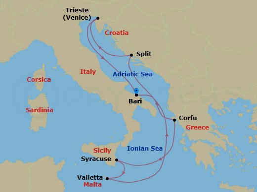 7 Night - Europe Roundtrip from Bari - Costa Deliziosa - Starting in Bari, Italy, Corfu, Greece, Siracusa, Italy, La Valletta, Malta, Split, Croatia, Trieste, Italy, Bari, Italy itinerary map