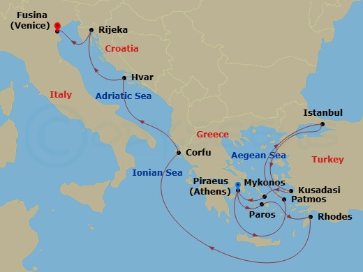 14 Night - An Extended Journey of Cycladic Sunsets & Idyllic Coastlines - EXPLORA II - Starting in Piraeus (Athens), Patmos, Istanbul, Kusadasi, Mykonos, Piraeus (Athens), Paros, Rhodes, Corfu, Hvar, Rijeka, Fusina (Venice) itinerary map