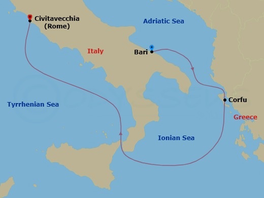 3 Night - Europe from Bari to Rome (Civitavecchia) - Costa Deliziosa - Starting in Bari, Italy, Corfu, Greece, Civitavecchia / Rome itinerary map