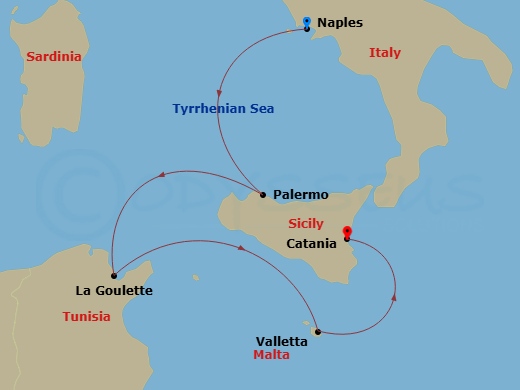 4 Night - Mediterranean from Naples to Catania - Costa Fascinosa - Starting in Naples, Italy, Palermo, Italy, La Goulette, Tunisia, La Valletta, Malta, Catania, Italy itinerary map