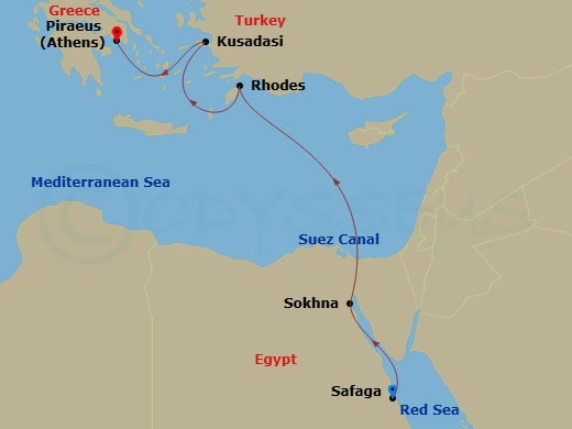 7 Night - A Grand Journey from Egypt's Secrets to Mediterranean & Aegean Adventures - EXPLORA II - Starting in Luxor (Safaga), Sokhna, Crossing the Suez Canal, Rhodes, Kusadasi, Piraeus (Athens) itinerary map