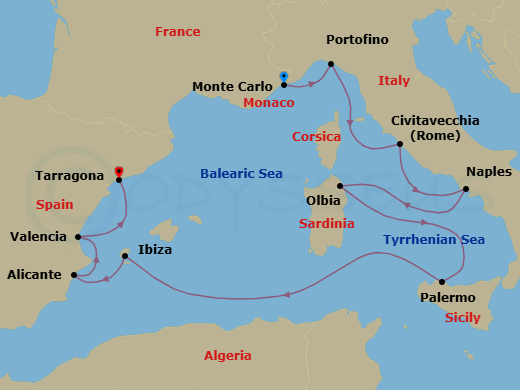 10 Night - Havens of Italy & Spain - Oceania Sirena - Starting in Monte Carlo, Portofino, Rome (Civitavecchia), Naples / Pompeii, Olbia / Porto Cervo (Sardinia), Palermo (Sicily), Ibiza, Alicante, Valencia, Barcelona (Tarragona) itinerary map
