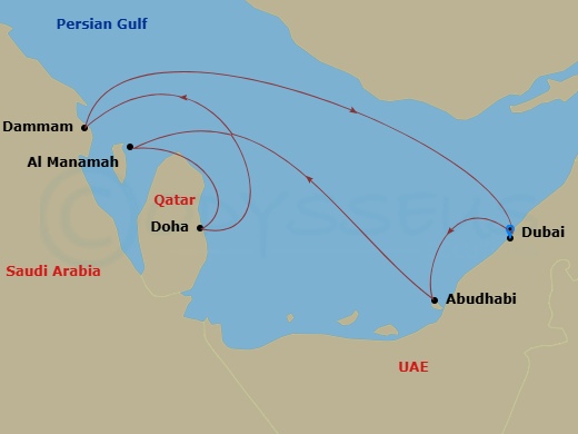 7 Night - A Journey from Shimmering Skylines to the Gulf's Hidden Gems - EXPLORA II - Starting in Dubai, Abu Dhabi, Bahrain, Doha, Ad Dammam, Dubai itinerary map