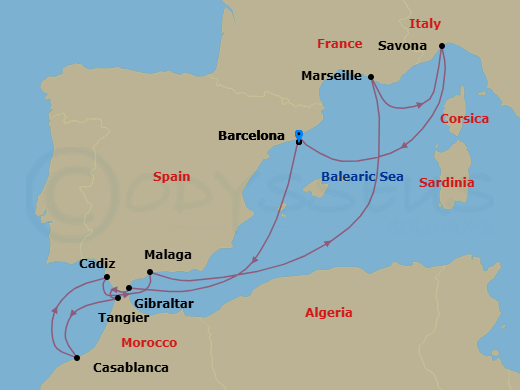 10 Night - Western Mediterranean from Barcelona - Costa Fascinosa - Starting in Barcelona, Gibraltar, Tangier, Casablanca, Cadice, Malaga, Marseille, Savona, Barcelona itinerary map