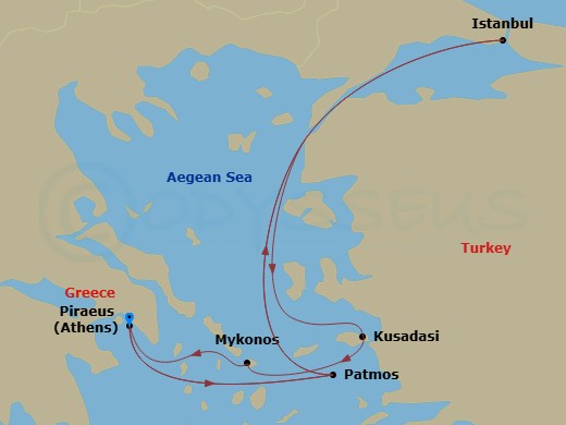 7 Night - A Journey Through Legendary Marvels & Cultural Fusion - EXPLORA II - Starting in Piraeus (Athens), Patmos, Istanbul, Kusadasi, Mykonos, Piraeus (Athens) itinerary map