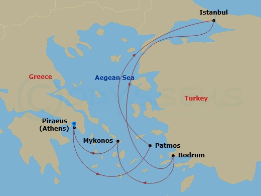 7 Night - A Journey Through Legendary Marvels & Cultural Fusion - EXPLORA II - Starting in Piraeus (Athens), Patmos, Istanbul, Bodrum, Mykonos, Piraeus (Athens) itinerary map