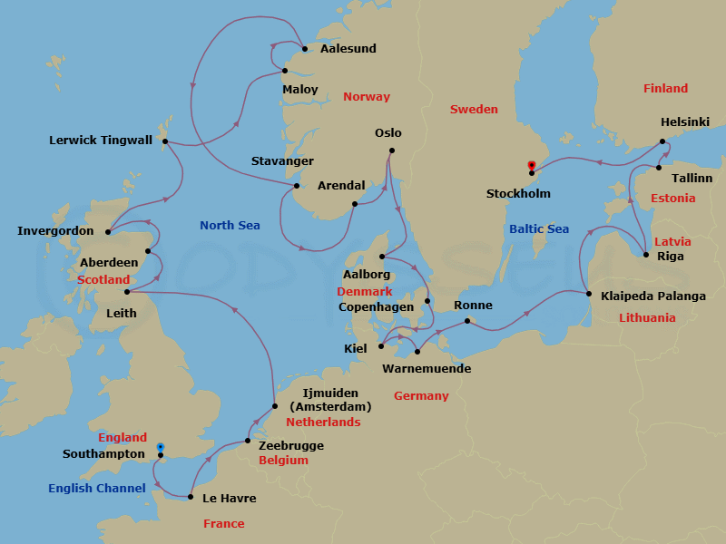 24 Night - Majestic Northern Seas - Oceania Sirena - Starting in London (Southampton), Paris (Le Havre), Bruges (Zeebrugge), Ijmuiden, Edinburgh (Leith), Aberdeen, Invergordon, United Kingdom, Lerwick (Shetland Islands), Maloy, Alesund, Stavanger, Arendal, Oslo, Aalborg, Copenhagen, Kiel, Berlin (Warnemunde), Ronne (Bornholm), Klaipeda, Riga, Tallinn, Helsinki, Stockholm itinerary map