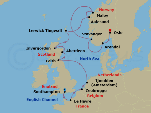 13 Night - European Coronation - Oceania Sirena - Starting in London (Southampton), Paris (Le Havre), Bruges (Zeebrugge), Ijmuiden, Edinburgh (Leith), Aberdeen, Invergordon, United Kingdom, Lerwick (Shetland Islands), Maloy, Alesund, Stavanger, Arendal, Oslo itinerary map