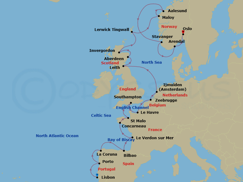 20 Night - Wine Country to Fjords - Oceania Sirena - Starting in Lisbon, Oporto, La Coruna, Bilbao, Bordeaux (Le Verdon), Pont-Aven (Concarneau), Saint-malo, London (Southampton), Paris (Le Havre), Bruges (Zeebrugge), Ijmuiden, Edinburgh (Leith), Aberdeen, Invergordon, United Kingdom, Lerwick (Shetland Islands), Maloy, Alesund, Stavanger, Arendal, Oslo itinerary map