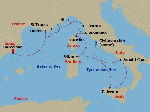 10 Night - Italy & France Spotlight - Oceania Nautica - Starting in Rome (Civitavecchia), Amalfi / Positano, Palermo (Sicily), Olbia / Porto Cervo (Sardinia), Bastia (Corsica), Piombino (Tuscany), Florence / Pisa / Tuscany (Livorno), Nice, Saint-Tropez, Toulon, Barcelona itinerary map