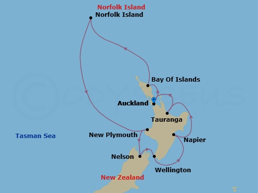 10 Night - New Zealand Intensive Cruise : Bay of Islands, Nelson & Wellington - Azamara Pursuit - Starting in Auckland, Bay of Islands, Norfolk Island, New Plymouth, Nelson, Wellington, Napier, Tauranga, Auckland itinerary map