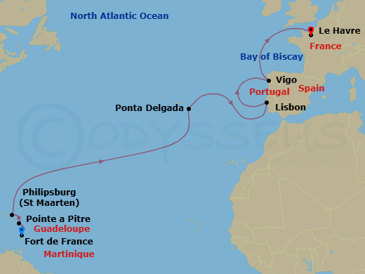 15 Night - Msc Grand Voyages - MSC Meraviglia - Starting in Fort-de-France, Martinique, Pointe-A-Pitre, Guadeloupe, Philipsburg, St Maarten, Ponta Delgada (Azores), Portugal, Lisbon (Cascais), Portugal, Vigo (Santiago De Compostela), Spain, Le Havre (Paris), France itinerary map