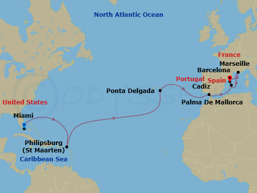 16 Night - Msc Grand Voyages - MSC Seashore - Starting in Miami, Florida, Philipsburg, St Maarten, Ponta Delgada (Azores), Portugal, Cadiz (Seville), Spain, Palma De Mallorca (Balearic Islands), Spain, Marseille (Provence), France, Barcelona, Spain itinerary map