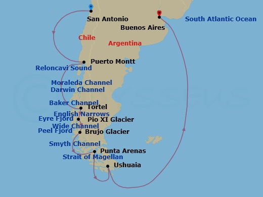 10 Night - Chilean Fjords - Tour An5 - Seabourn Pursuit Tours - Starting in San Antonio CL (Santiago), Chile, Scenic Cruising Reloncavi Sound, Puerto Montt, Chile, Scenic cruising Moraleda Channel, Scenic cruising Darwin Channel, Scenic cruising Baker Channel, Caleta Tortel, Chile, Transit the English Narrows, Scenic cruising Eyre Fjord, Pio XI Glacier (Bruggen Glacier), Chile, Scenic cruising Wide Channel, Scenic cruising Peel Fjord, Brujo Glacier, Chile, Scenic cruising Smyth Channel, Strait of Magellan, Punta Arenas, Chile, Ushuaia, Argentina, Buenos Aires itinerary map
