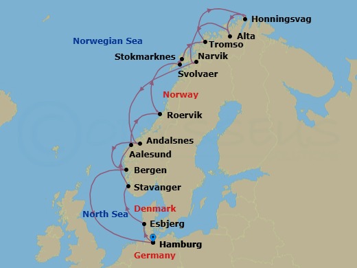 14 Night - The North Cape Line from Hamburg - Winter - MS Midnatsol - Starting in Hamburg, Esbjerg, Stavanger, Alesund, Rorvik, Svolvar, Stokmarknes, Tromso, Honningsvag, Alta, Narvik, Andalsnes, Bergen, Hamburg itinerary map