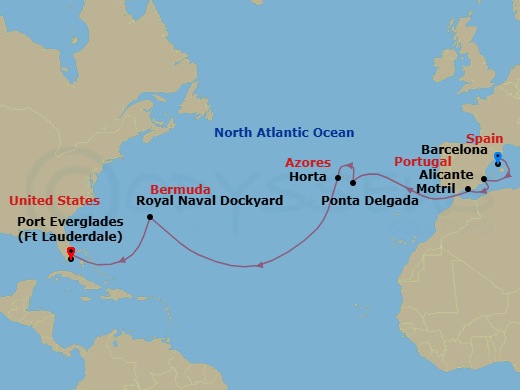 14 Night - Transoceanic - Crystal Symphony - Starting in Barcelona, Alicante, Motril, Ponta Delgada (Sao Miguel Island), Horta, Royal Naval Dockyard, Fort Lauderdale itinerary map