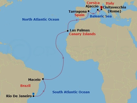15 Night - Msc Grand Voyages - MSC Splendida - Starting in Rio De Janeiro, Brazil, Maceio, Brazil, Las Palmas de Gran Canaria (Canary Islands), Spain, Tarragona, Spain, Ajaccio (Corsica), France, Civitavecchia (Rome), Italy itinerary map