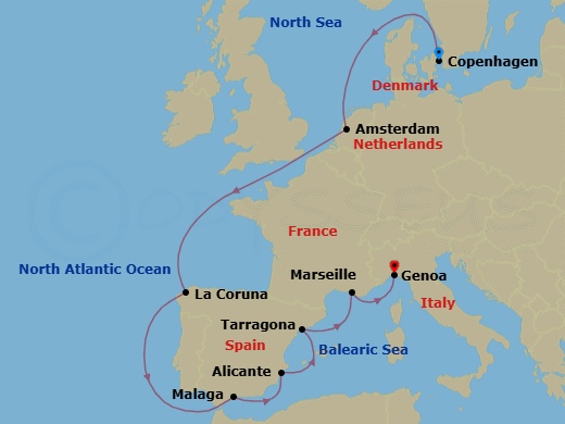 11 Night - Northern Europe - MSC Euribia - Starting in Copenhagen, Denmark, Amsterdam, Netherlands, La Coruna (Santiago De Compostela), Spain, Malaga (Granada), Spain, Alicante, Spain, Tarragona, Spain, Marseille (Provence), France, Genoa (Portofino), Italy itinerary map