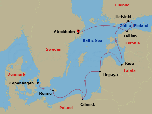 7 Night - Copenhagen to Stockholm - Silver Dawn - Starting in Copenhagen, Ronne, Bornholm, Gdansk, Liepaja, Riga, Helsinki, Tallinn, Stockholm itinerary map