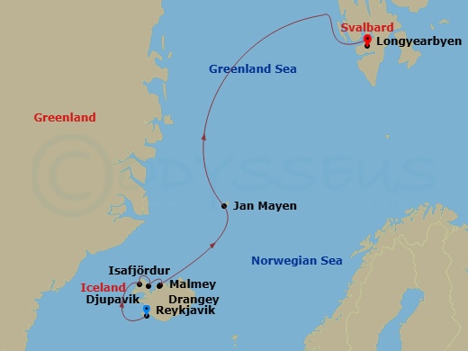 10 Night - Reykjavik to Longyearbyen - World Navigator - Starting in Reykjavik, Dynjandi Waterfall (Isafjordur), Iceland, Djupavik, Iceland / Captains Choice, Malmey Island, Iceland / Captains Choice, Drangey Island, Iceland / Captains Choice, Crossing the Arctic Circle / Captains Choice, Jan Mayen Island / Captains Choice, Svalbard / Captains Choice, Longyearbyen, Svalbard itinerary map
