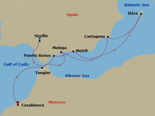 9 Night - Seville to Casablanca - World Voyager - Starting in Seville, Guadalquivir River Scenic Navigation, Puerto Banus (Marbella), Motril (Alhambra), Spain, Ibiza, Cartagena ES, Malaga (Granada), Spain, Tangier, Morocco, Casablanca itinerary map