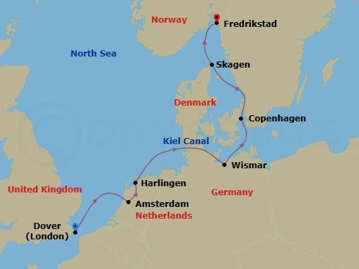 9 Night - Dover to Oslo - World Navigator - Starting in Dover UK (London), Amsterdam, Harlingen, The Netherlands, Kiel Canal Transit, Wismar, Germany, Copenhagen, Skagen, Fredrikstad (Oslo) itinerary map