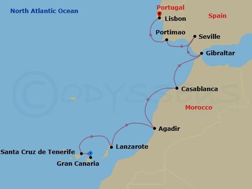 10 Night - Las Palmas to Lisbon - World Navigator - Starting in Las Palmas (Gran Canaria), Santa Cruz de Tenerife, Arrecife (Lanzarote), Agadir, Casablanca, Gibraltar, Seville, Portimao, Lisbon itinerary map