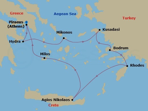 8 Night - Athens Roundtrip - World Traveller - Starting in Piraeus (Athens), Hydra, Greece, Mykonos, Kusadasi (Ephesus), Bodrum, Rhodes, Agios Nikolaos (Crete), Milos, Piraeus (Athens) itinerary map