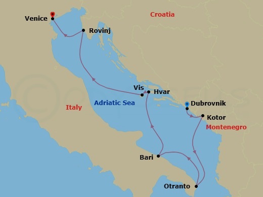 7 Night - Dubrovnik to Venice - World Traveller - Starting in Dubrovnik (Old Town), Kotor, Otranto (Puglia), Bari, Hvar Island, Vis Island, Croatia, Rovinj, Venice, Italy itinerary map