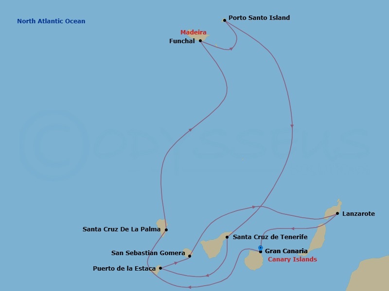 10 Night - Las Palmas Roundtrip - World Navigator - Starting in Las Palmas (Gran Canaria), Santa Cruz de La Palma, Funchal (Madeira), Porto Santo (Madeira), Santa Cruz de Tenerife, Puerto de La Estaca, San Sebastian (La Gomera), Arrecife (Lanzarote), Las Palmas (Gran Canaria) itinerary map