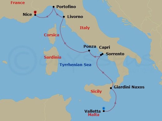 7 Night - Valletta to Nice - World Traveller - Starting in Valletta, Giardini Naxos (Taormina / Mount Etna), Capri, Sorrento, Italy, Isola di Ponza, Italy, Livorno (Florence / Pisa), Portofino, Nice itinerary map