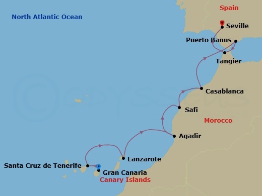 10 Night - Las Palmas to Seville - World Voyager - Starting in Las Palmas (Gran Canaria), Santa Cruz de Tenerife, Arrecife (Lanzarote), Agadir, Safi, Casablanca, Strait of Gibraltar Scenic Navigation, Puerto Banus (Marbella), Tangier, Morocco, Seville itinerary map