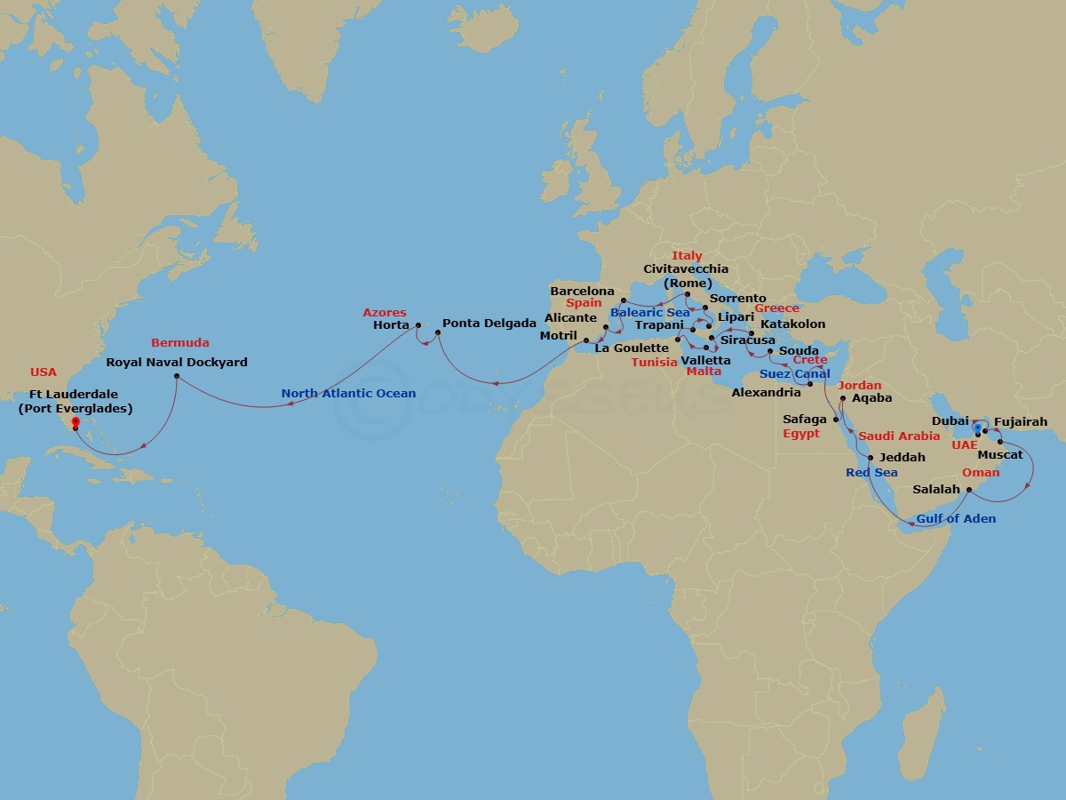 45 Night - Europe & Mediterranean - Crystal Symphony - Starting in Dubai, Fujairah, Muscat, Salalah, Jeddah, Aqaba, Safaga (Luxor), Suez Canal (Transit), Alexandria EG, Souda (Chania), Katakolon, Siracusa (Sicily), Valletta, Tunis (La Goulette), Trapani, Lipari Island, Sorrento, Civitavecchia (Rome), Barcelona, Alicante, Motril, Ponta Delgada (Sao Miguel Island), Horta, Royal Naval Dockyard, Fort Lauderdale itinerary map