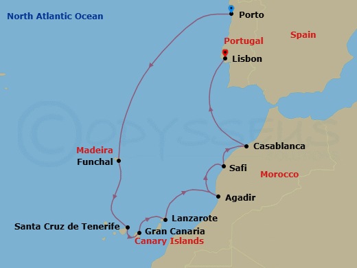 11 Night - Porto to Lisbon - World Voyager - Starting in Porto, Funchal (Madeira), Santa Cruz de Tenerife, Las Palmas (Gran Canaria), Arrecife (Lanzarote), Agadir, Safi, Casablanca, Lisbon itinerary map